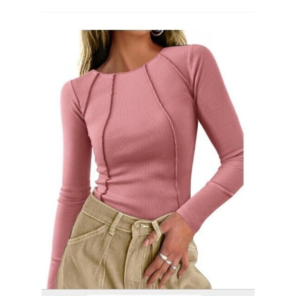 Tee Top Women L Pink Stretchy Slim Crop Exposed Seam Ribbed Long Sleeve